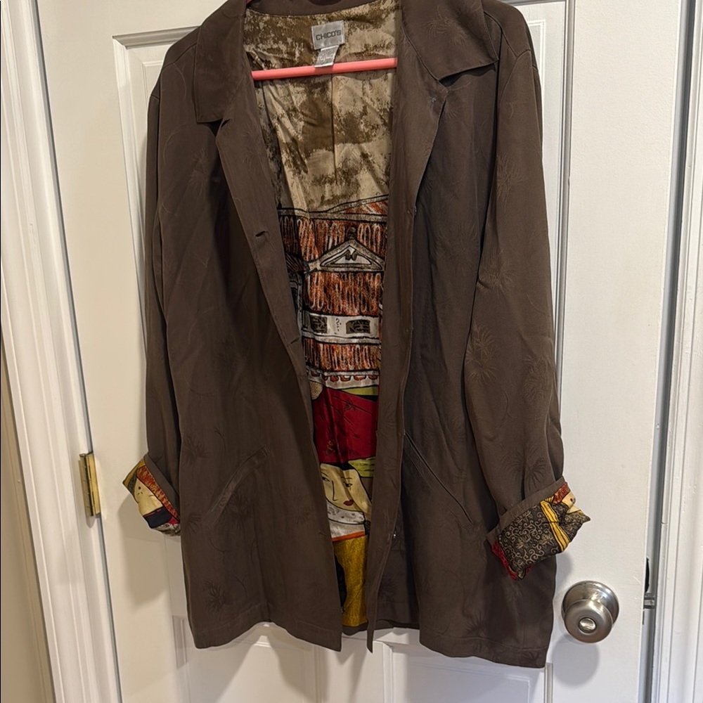 Chico's Brown Blazer with Relaxed Fit and Patterned Lining